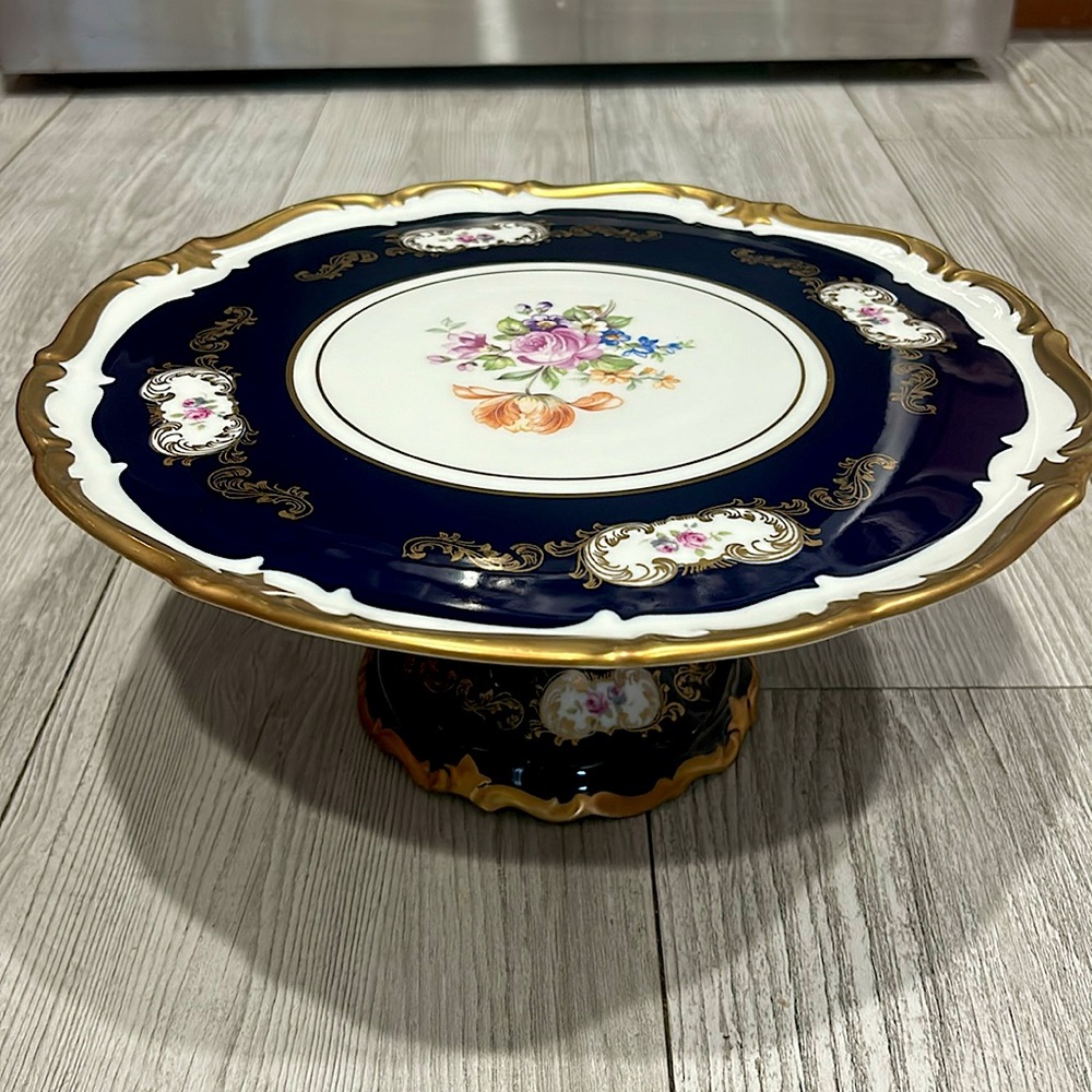 Antique Reichenbach Porcelain Echt Kobalt Blue Cake Pedestal Stand.